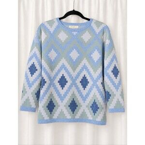 Woolovers Blue Southwestern Geometric Pullover Wool Blend Heritage Knit Sweater